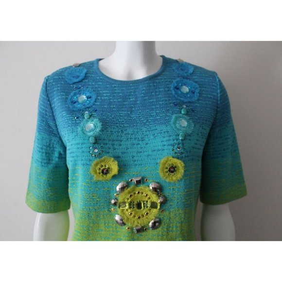 St. John Jeweled-Studded Knitted Ombre Top Size Petite XS Aqua Lime Green - Picture 2 of 7